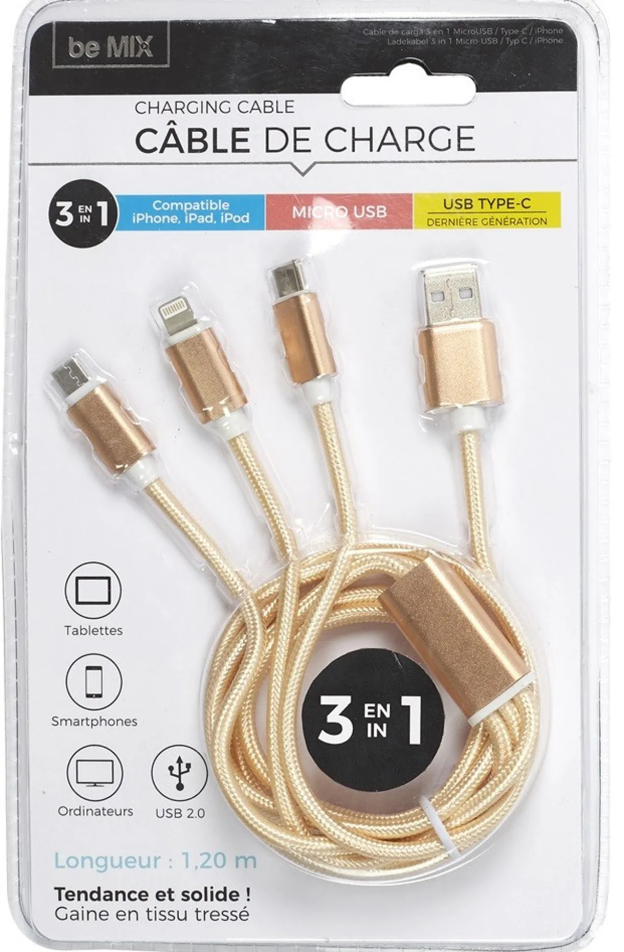 Cable USB 3 en 1 MICRO USB-T C