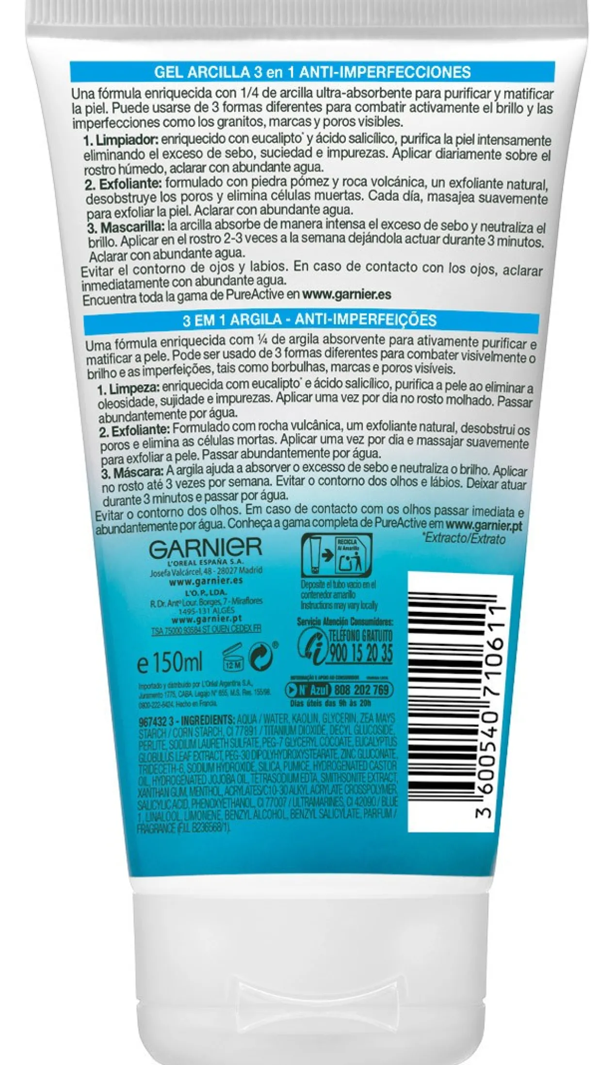 Pure Active Arcilla 3 en 1 Gel Limpiador, Exfoliante y Mascarilla