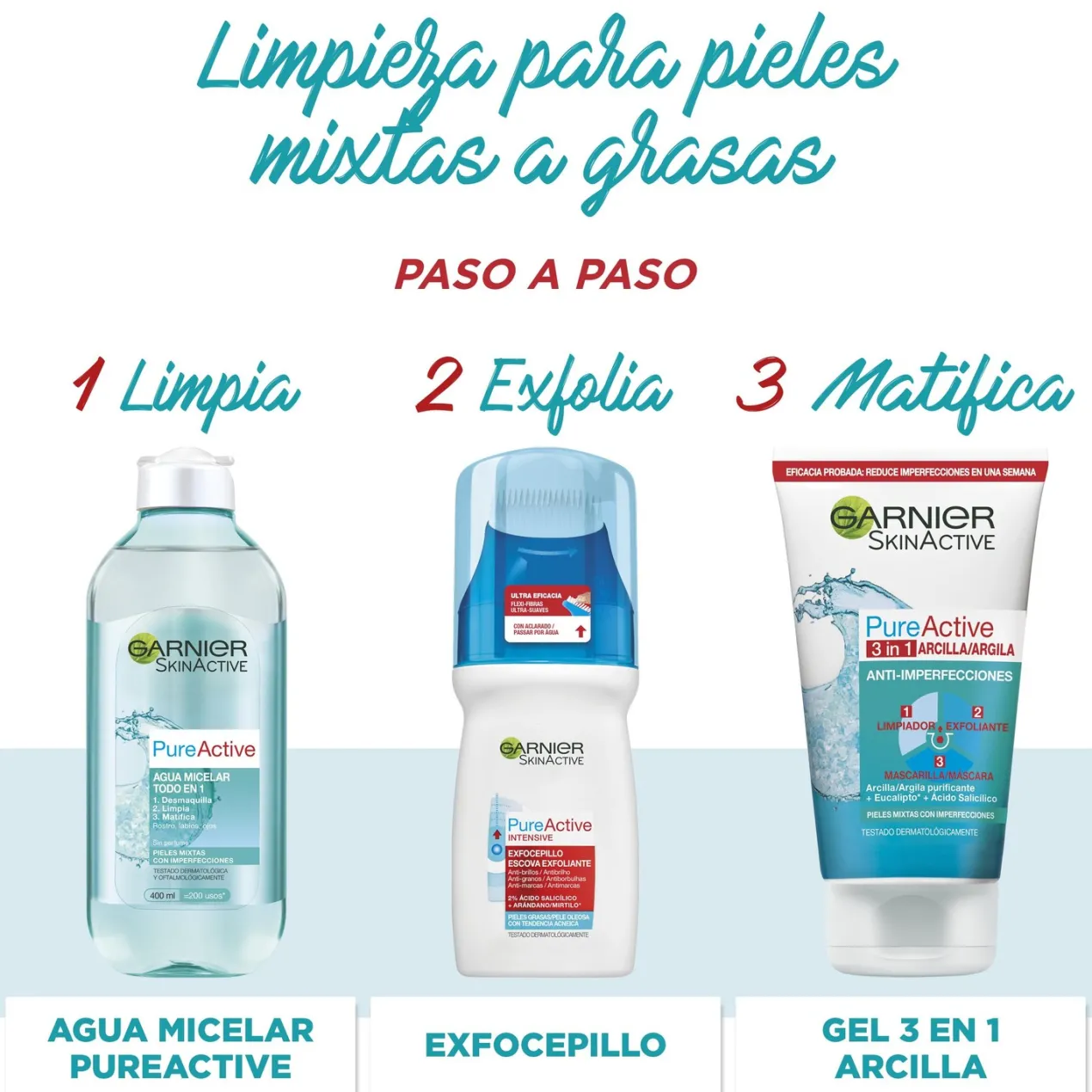 Pure Active Arcilla 3 en 1 Gel Limpiador, Exfoliante y Mascarilla